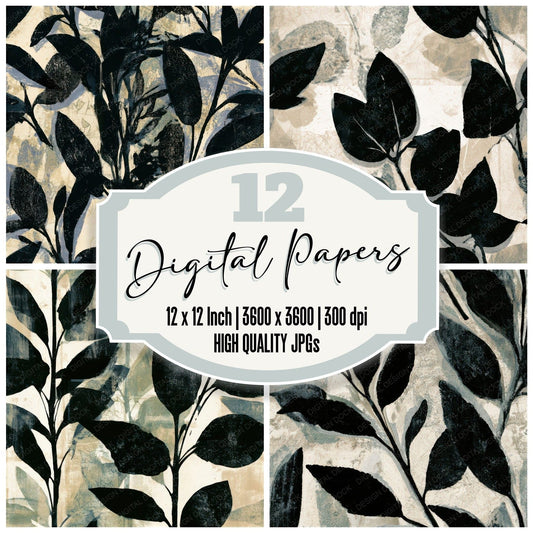 Screenprint Sage Stems Black Seamless Digital Paper Pack (DDD013254)