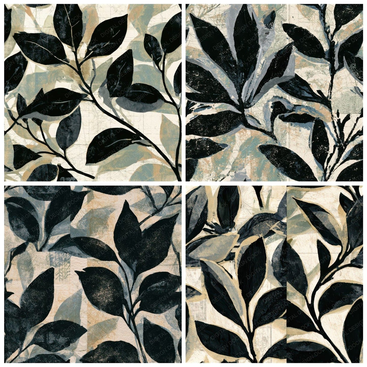Screenprint Sage Stems Black Seamless Digital Paper Pack (DDD013254)