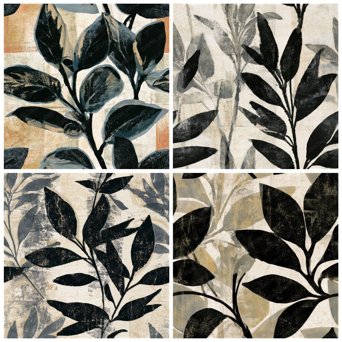 Screenprint Sage Stems Black Seamless Digital Paper Pack (DDD013254)