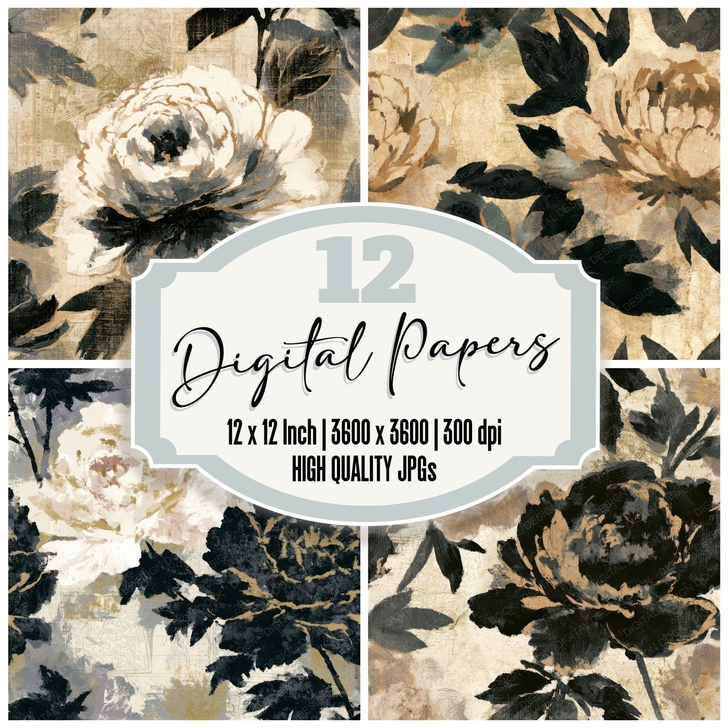Sumi-e Peony Sepia Seamless Digital Paper Pack (DDD013255)