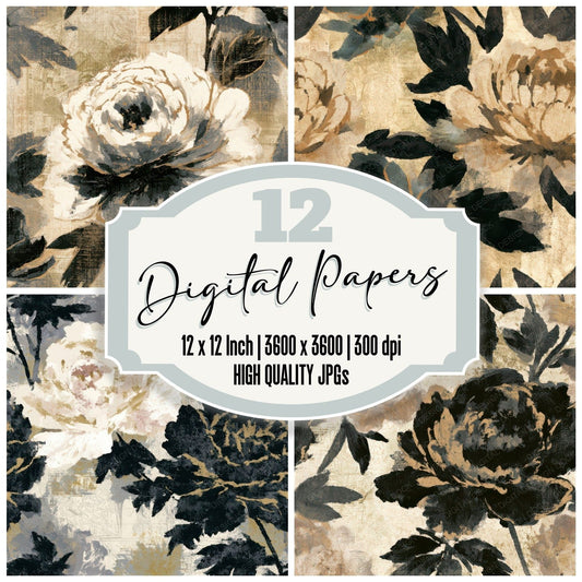 Sumi-e Peony Sepia Seamless Digital Paper Pack (DDD013255)