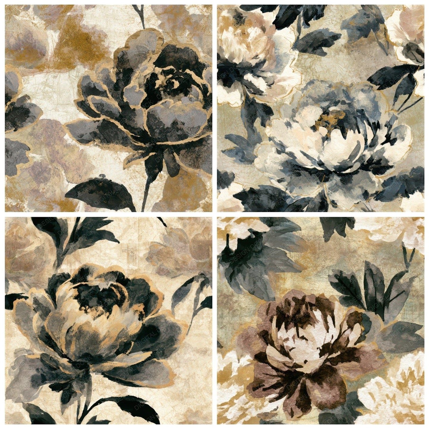 Sumi-e Peony Sepia Seamless Digital Paper Pack (DDD013255)