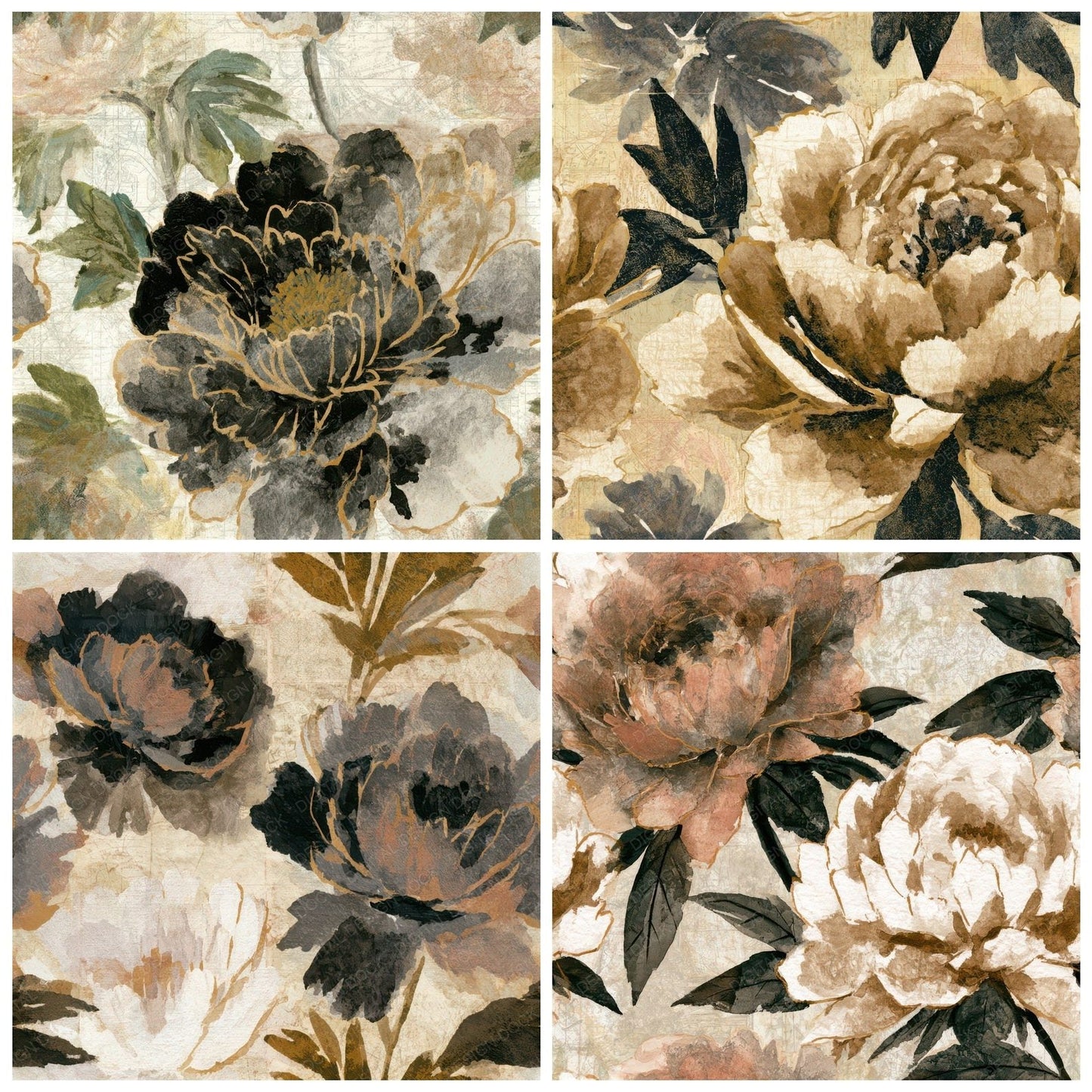 Sumi-e Peony Sepia Seamless Digital Paper Pack (DDD013255)