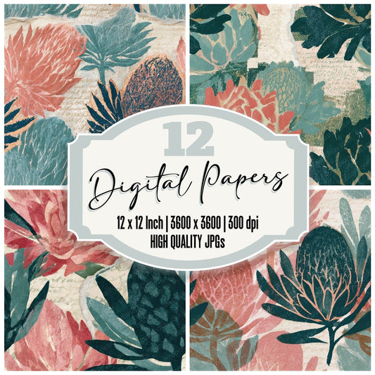 Torn Paper Banksia Pink Seafoam Seamless Digital Paper Pack (DDD013256)