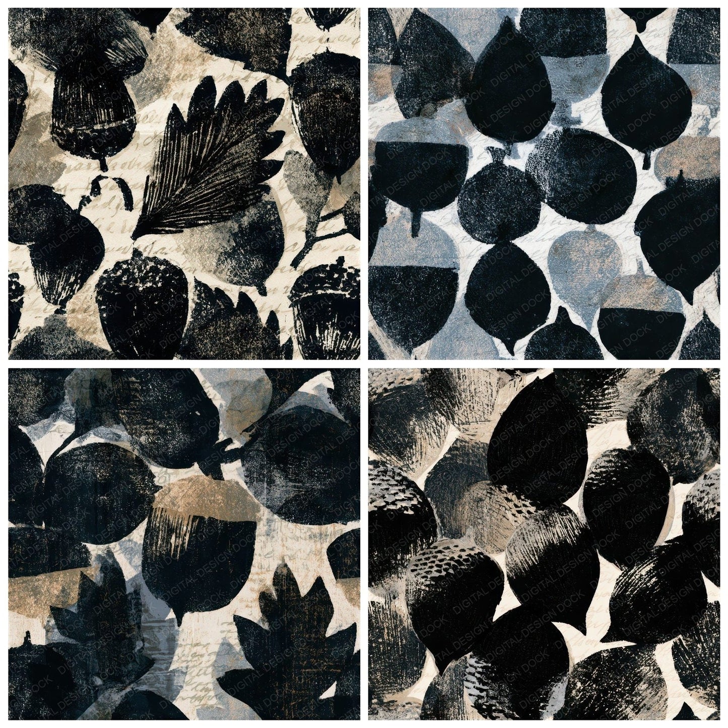 Woodblock Acorn Chalk White Seamless Digital Paper Pack (DDD013257)