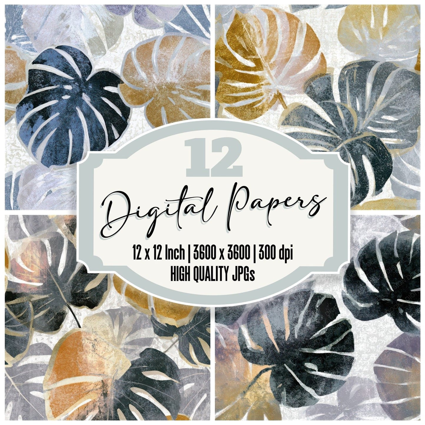Woodblock Monstera Silver Seamless Digital Paper Pack (DDD013258)