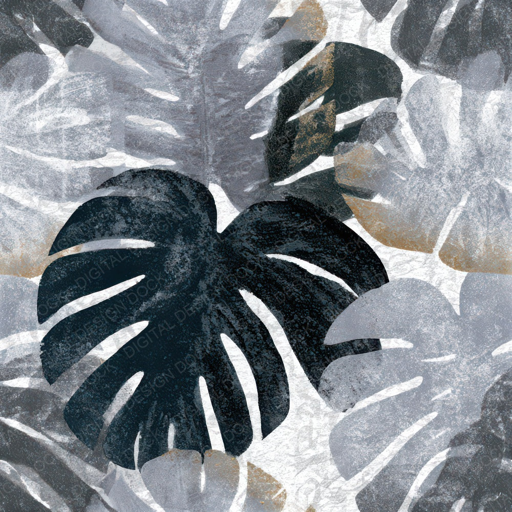 Woodblock Monstera Silver Seamless Digital Paper Pack (DDD013258)