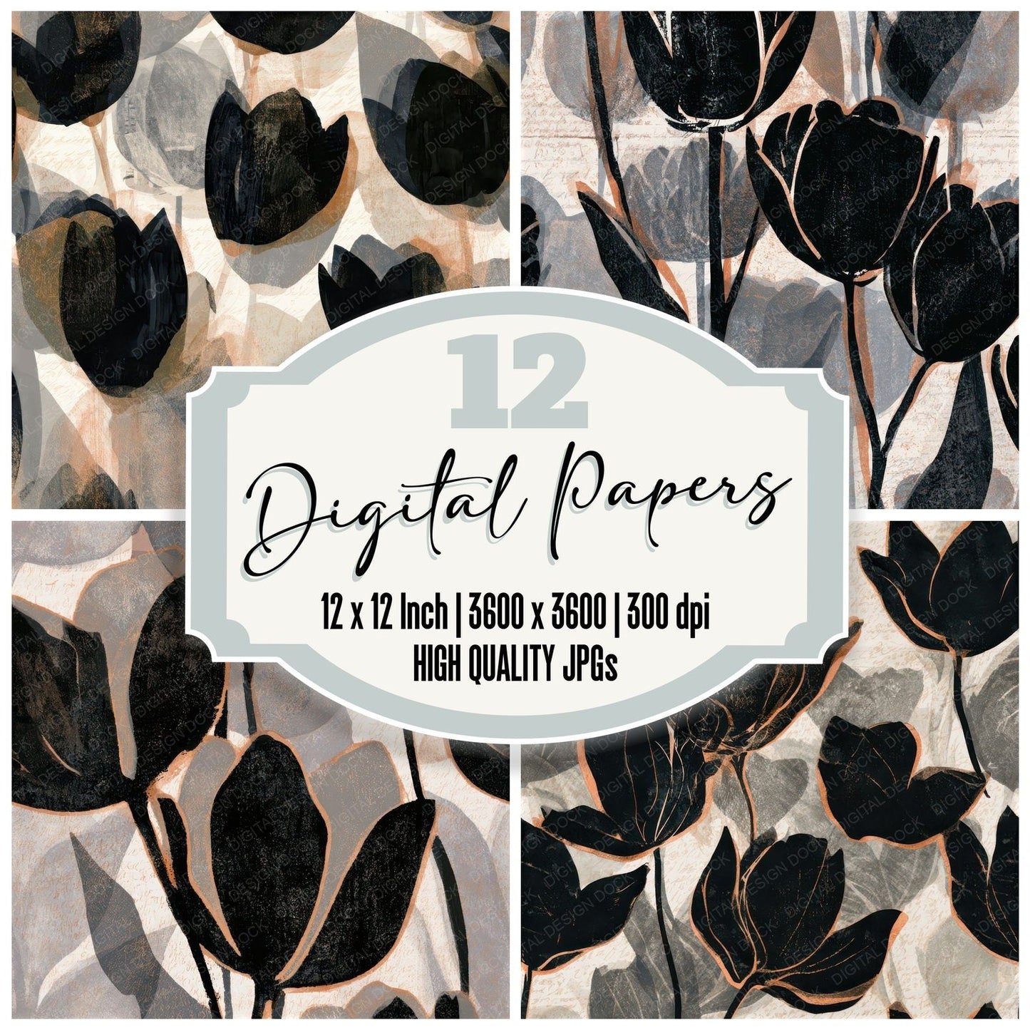 Woodblock Tulips Bone Seamless Digital Paper Pack (DDD013259)