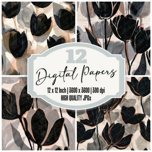 Woodblock Tulips Bone Seamless Digital Paper Pack (DDD013259)