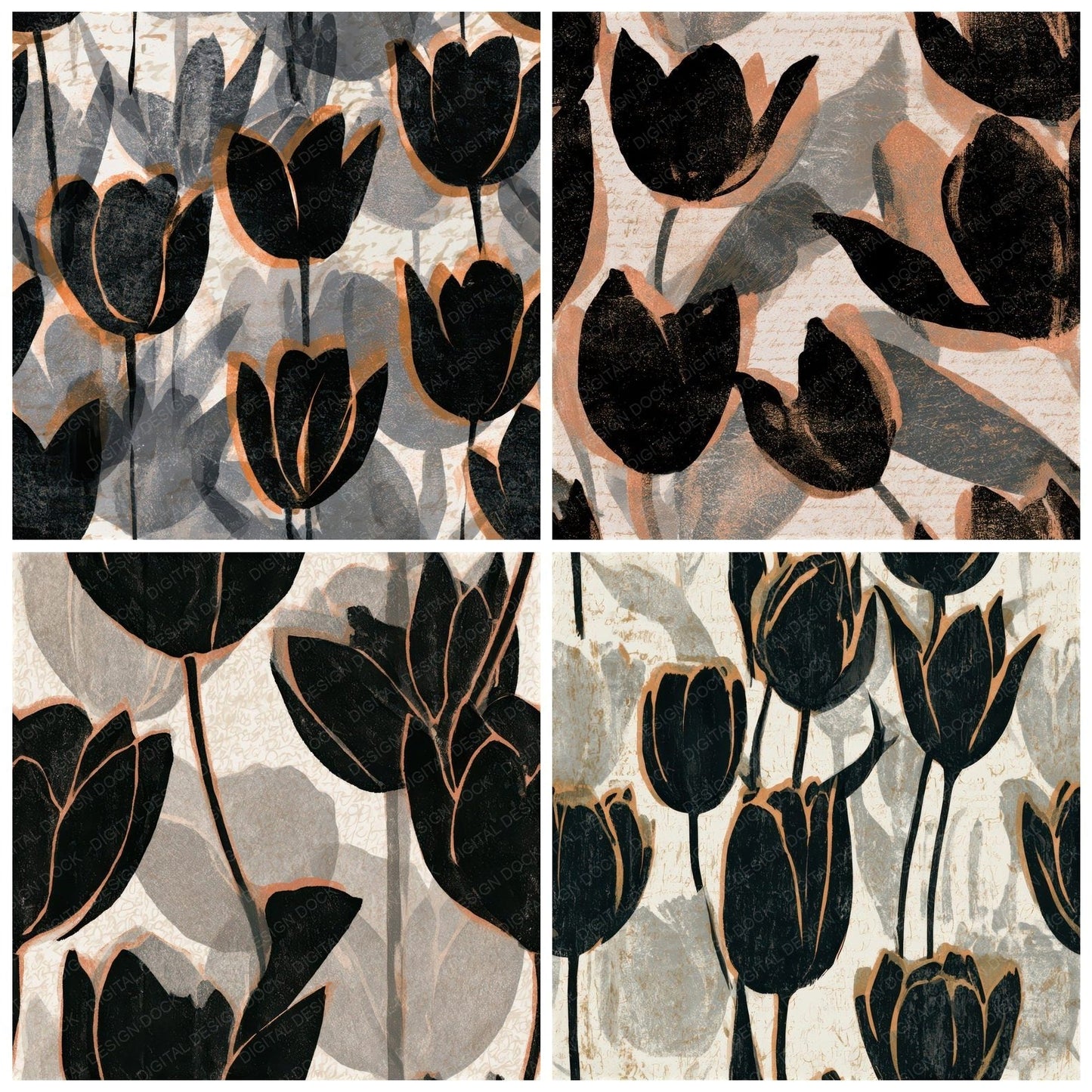 Woodblock Tulips Bone Seamless Digital Paper Pack (DDD013259)