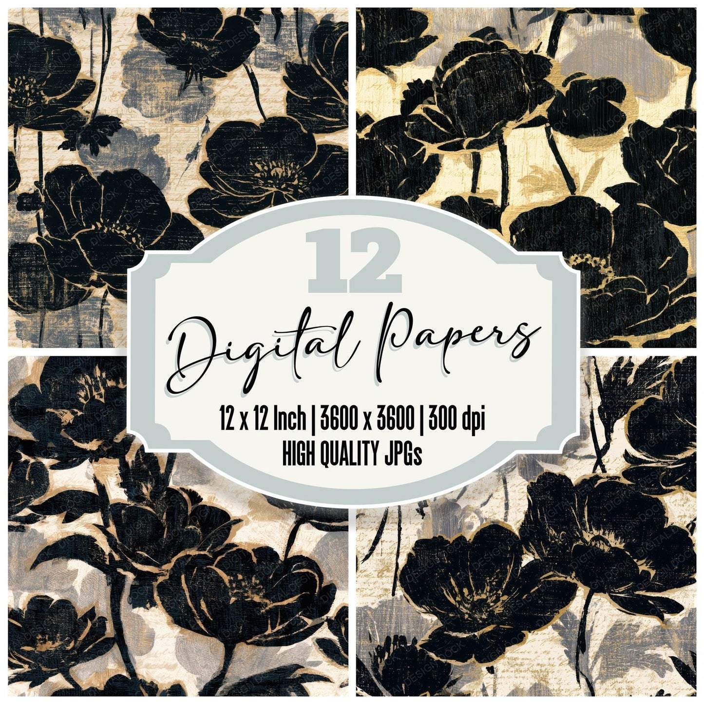 Woodcut Anemones Cream Black Seamless Digital Paper Pack (DDD013260)