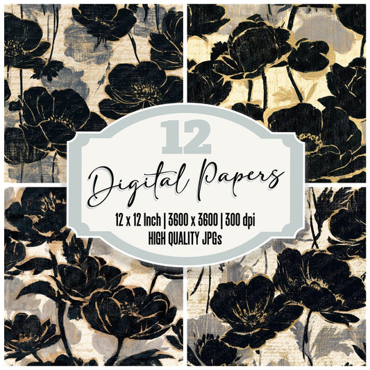 Woodcut Anemones Cream Black Seamless Digital Paper Pack (DDD013260)