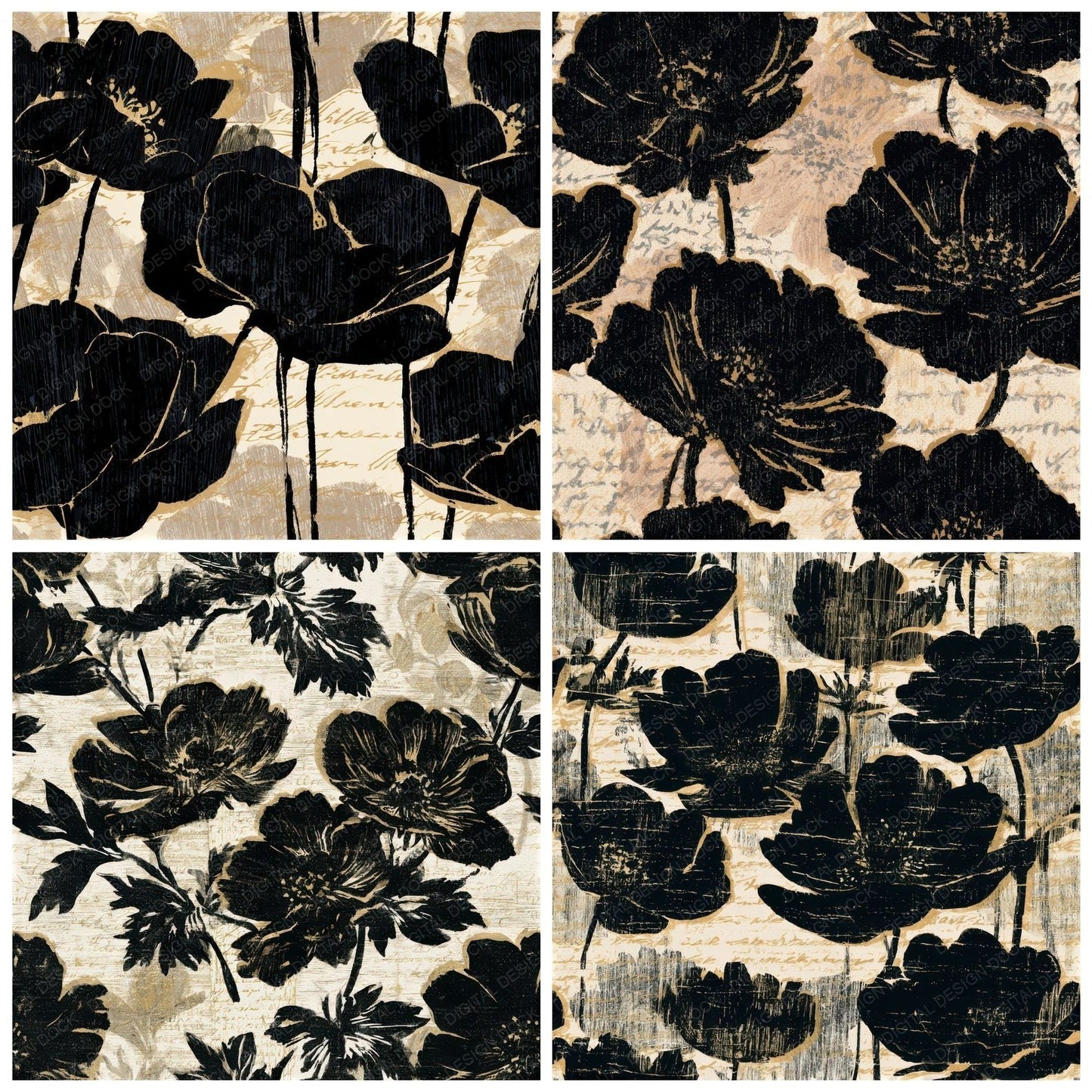 Woodcut Anemones Cream Black Seamless Digital Paper Pack (DDD013260)