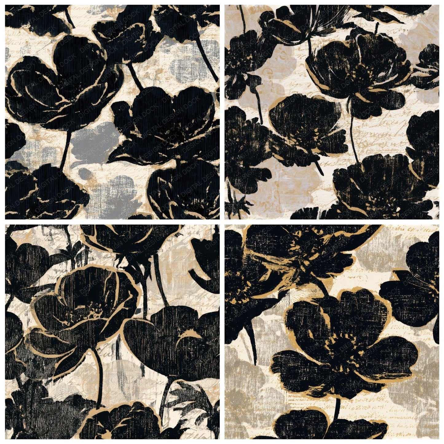 Woodcut Anemones Cream Black Seamless Digital Paper Pack (DDD013260)