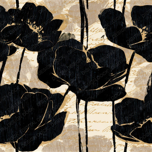 Woodcut Anemones Cream Black Seamless Digital Paper Pack (DDD013260)