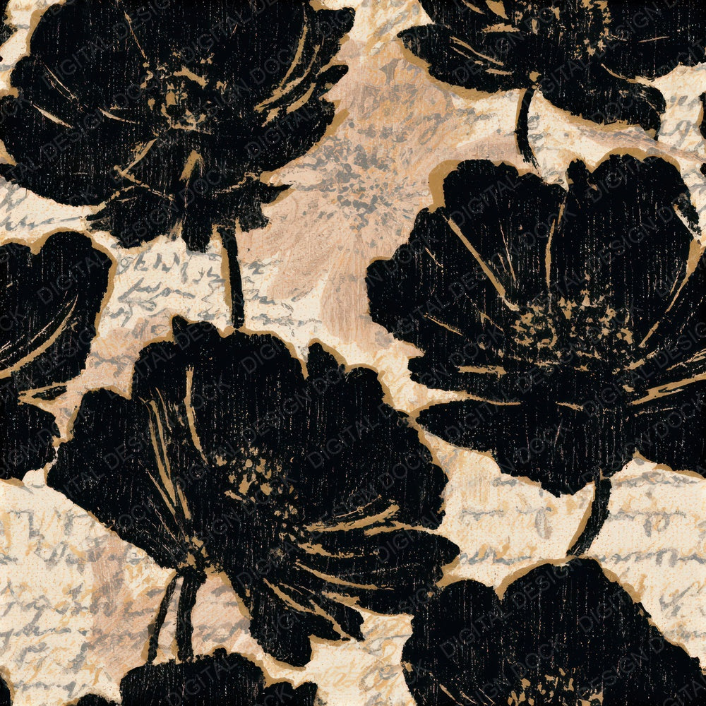 Woodcut Anemones Cream Black Seamless Digital Paper Pack (DDD013260)
