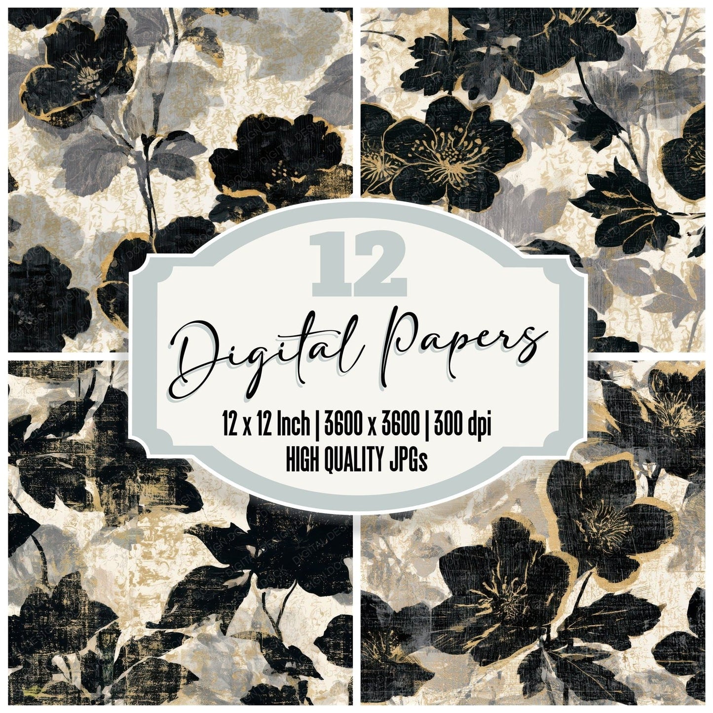 Woodcut Hellebores Bone Grey Seamless Digital Paper Pack (DDD013261)