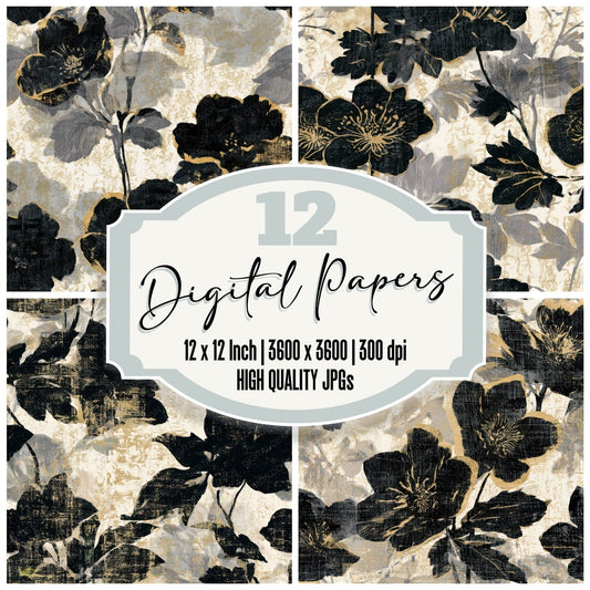 Woodcut Hellebores Bone Grey Seamless Digital Paper Pack (DDD013261)