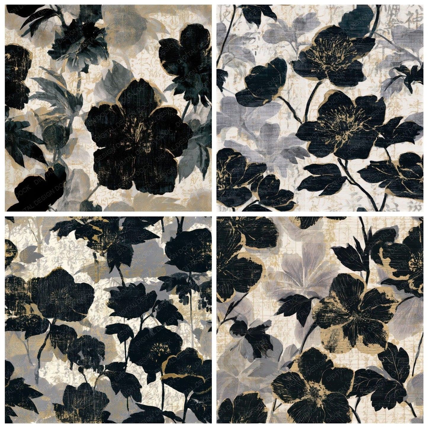 Woodcut Hellebores Bone Grey Seamless Digital Paper Pack (DDD013261)