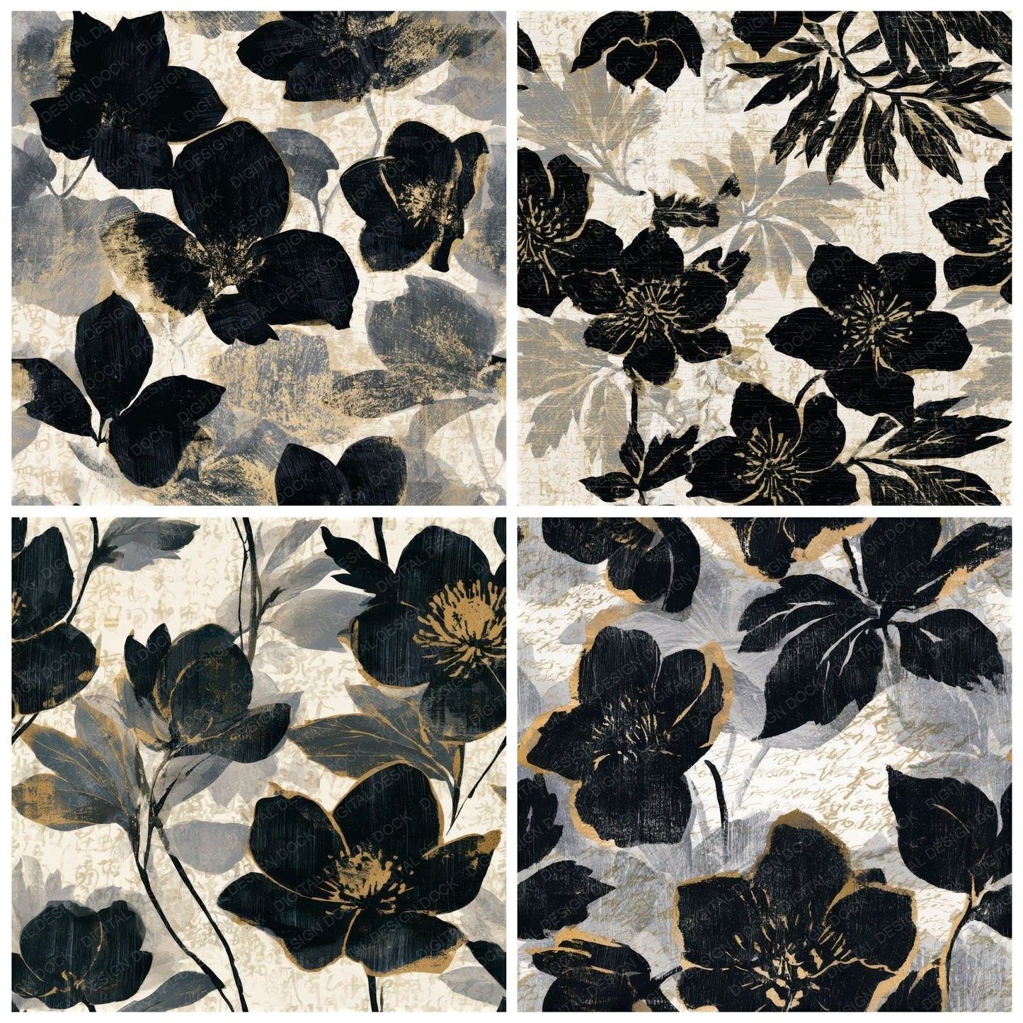 Woodcut Hellebores Bone Grey Seamless Digital Paper Pack (DDD013261)