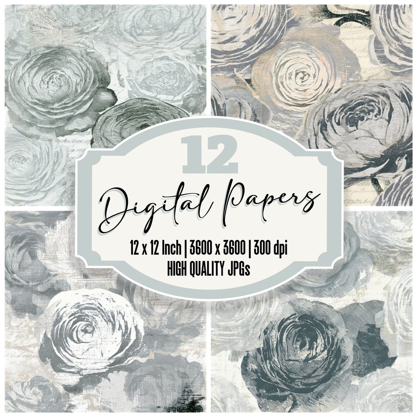 Woodcut Ranunculus Silver Seamless Digital Paper Pack (DDD013262)