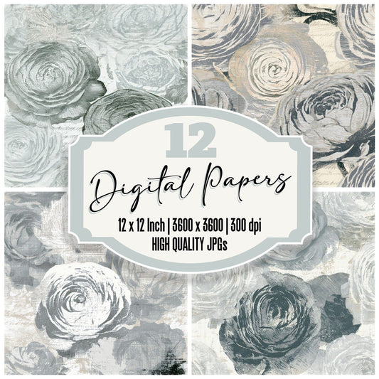 Woodcut Ranunculus Silver Seamless Digital Paper Pack (DDD013262)