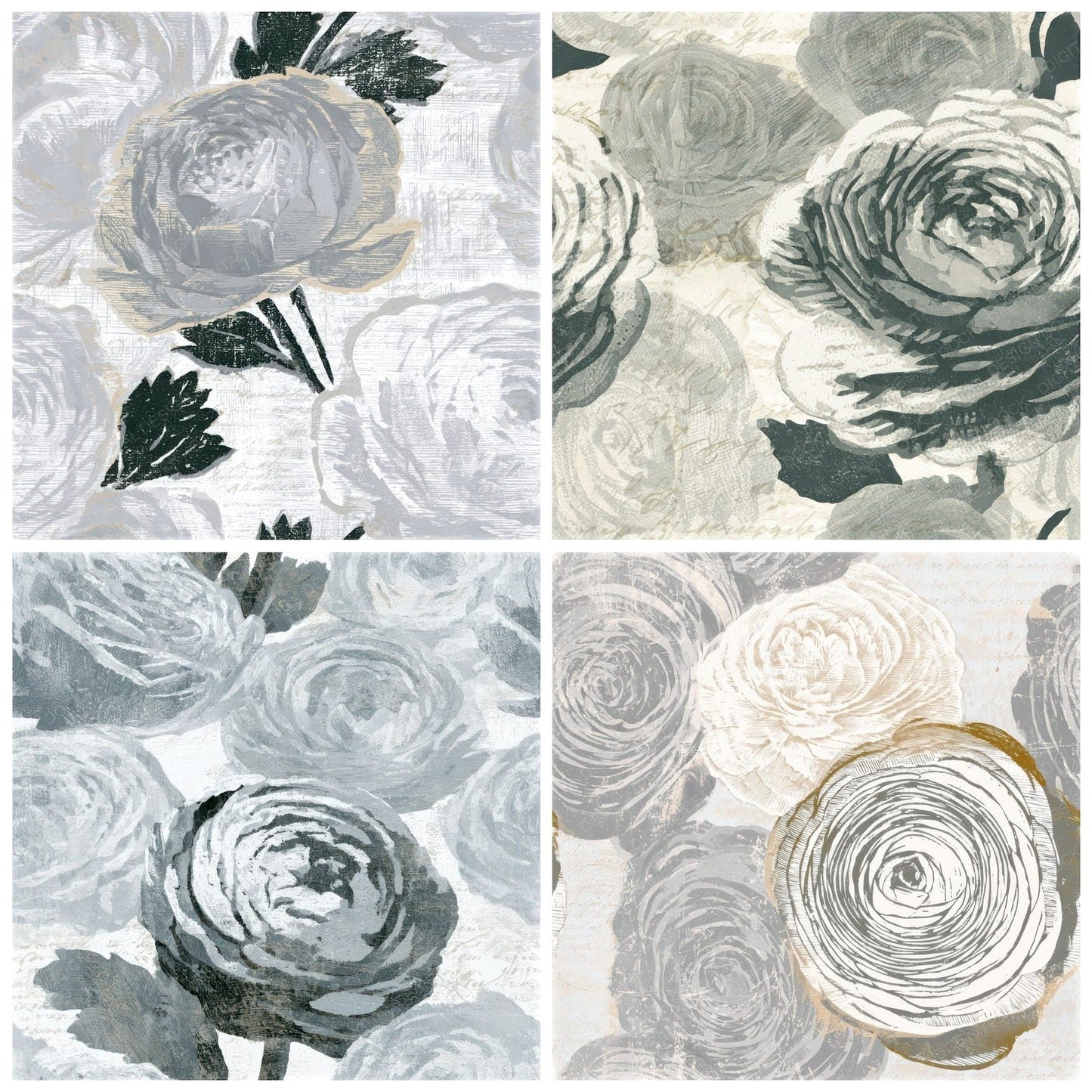 Woodcut Ranunculus Silver Seamless Digital Paper Pack (DDD013262)