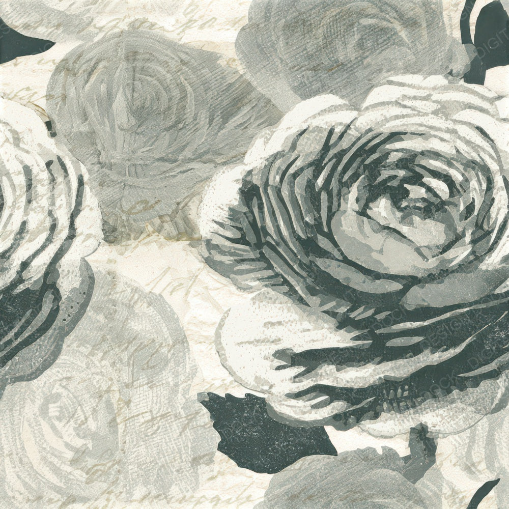 Woodcut Ranunculus Silver Seamless Digital Paper Pack (DDD013262)
