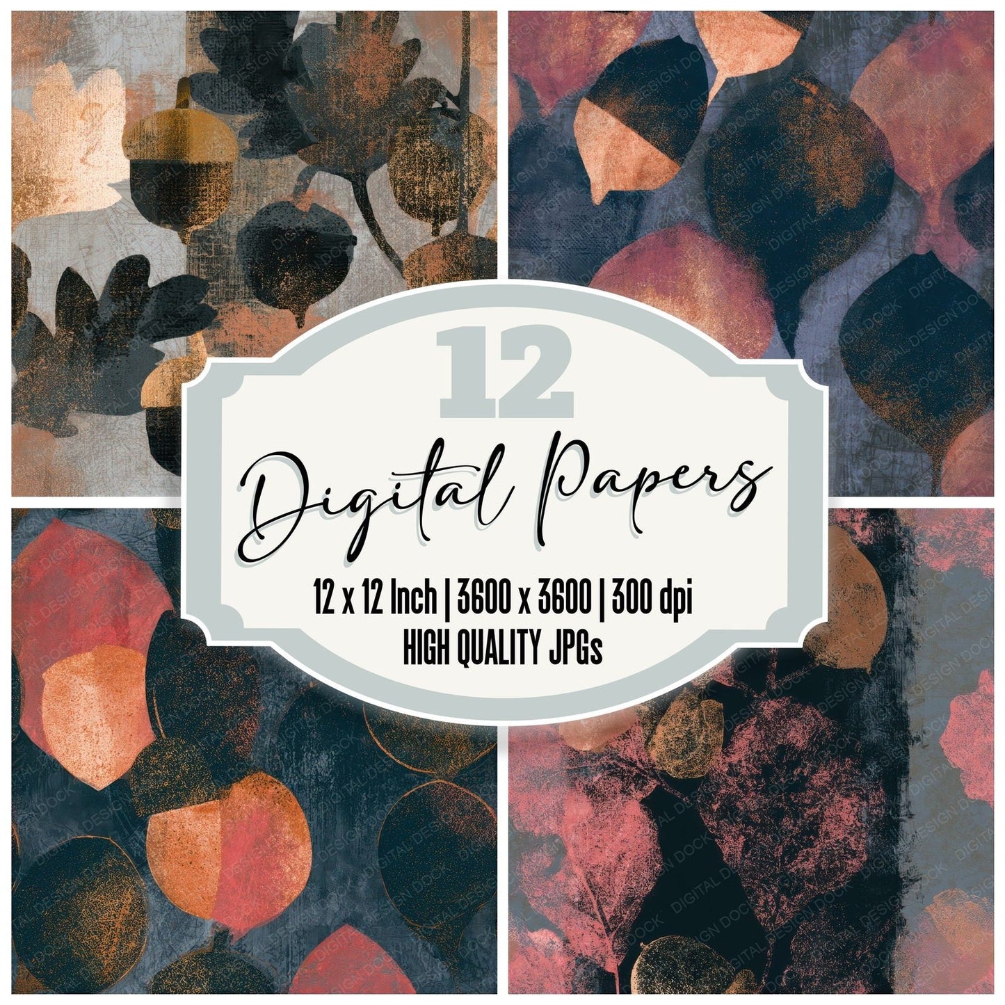 Minimal Acorn Jet Rose Seamless Digital Paper Pack (DDD013265)