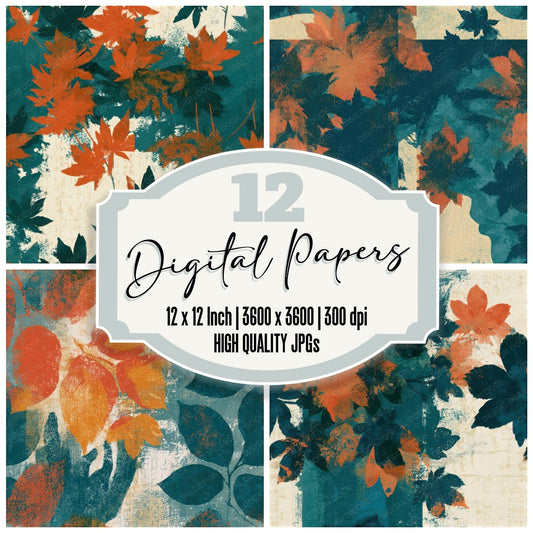 Minimal Autumn Leaves Papaya Jade Seamless Digital Paper Pack (DDD013266)
