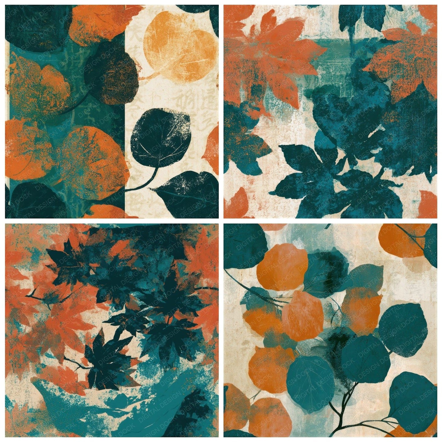 Minimal Autumn Leaves Papaya Jade Seamless Digital Paper Pack (DDD013266)