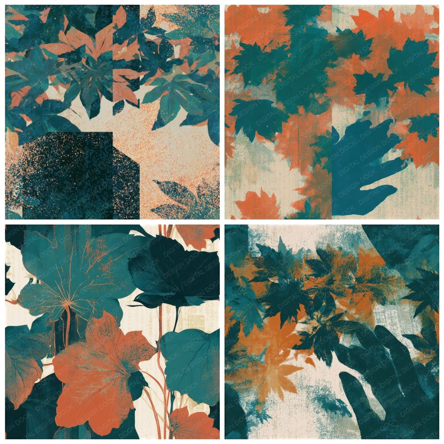 Minimal Autumn Leaves Papaya Jade Seamless Digital Paper Pack (DDD013266)