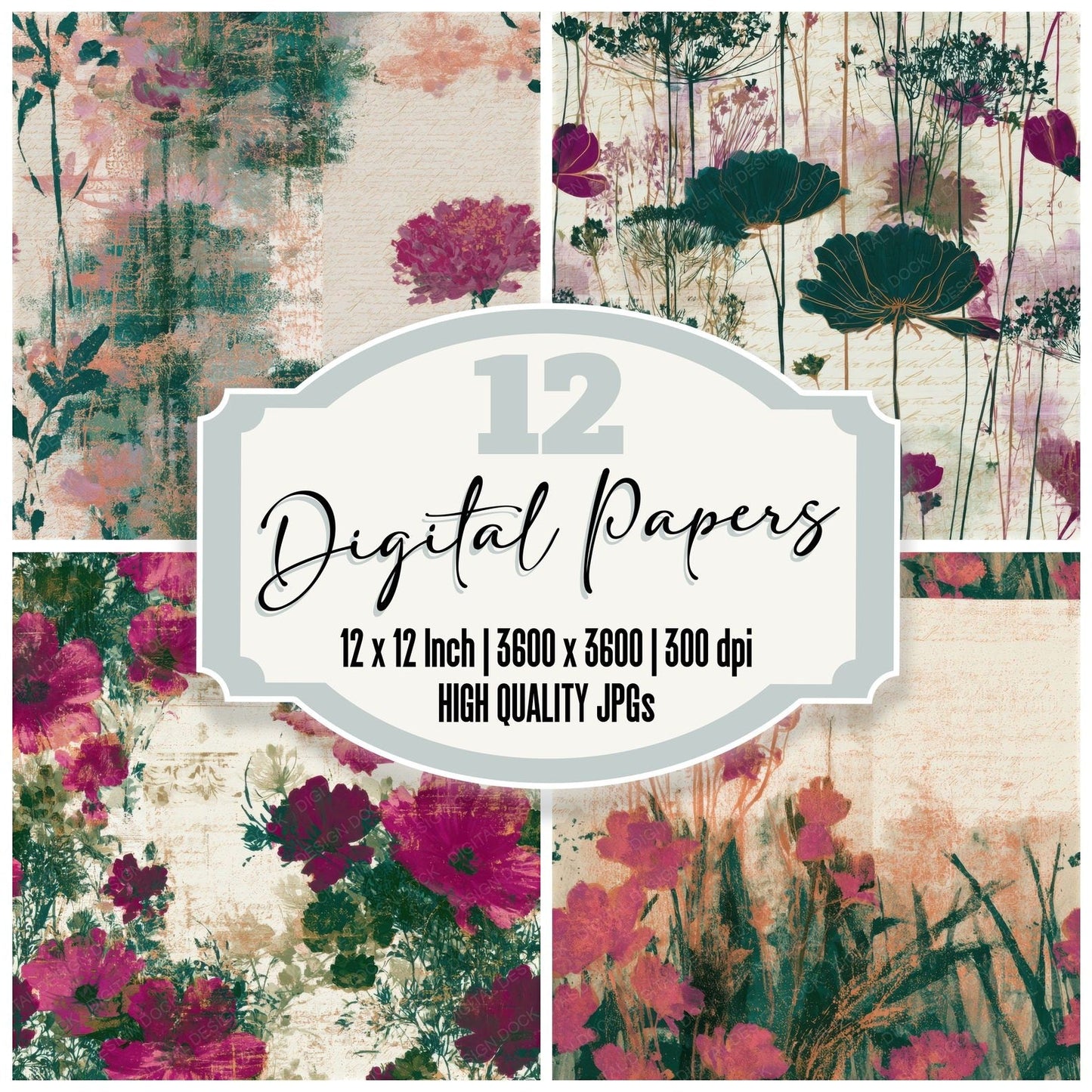 Minimal Meadow Flowers Magenta Cream Seamless Digital Paper Pack (DDD013267)