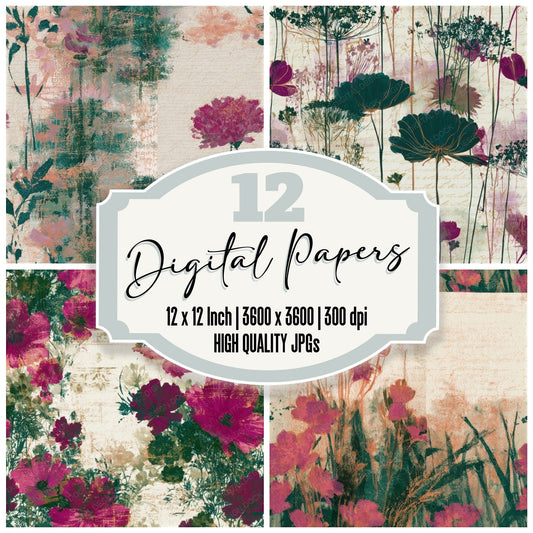 Minimal Meadow Flowers Magenta Cream Seamless Digital Paper Pack (DDD013267)