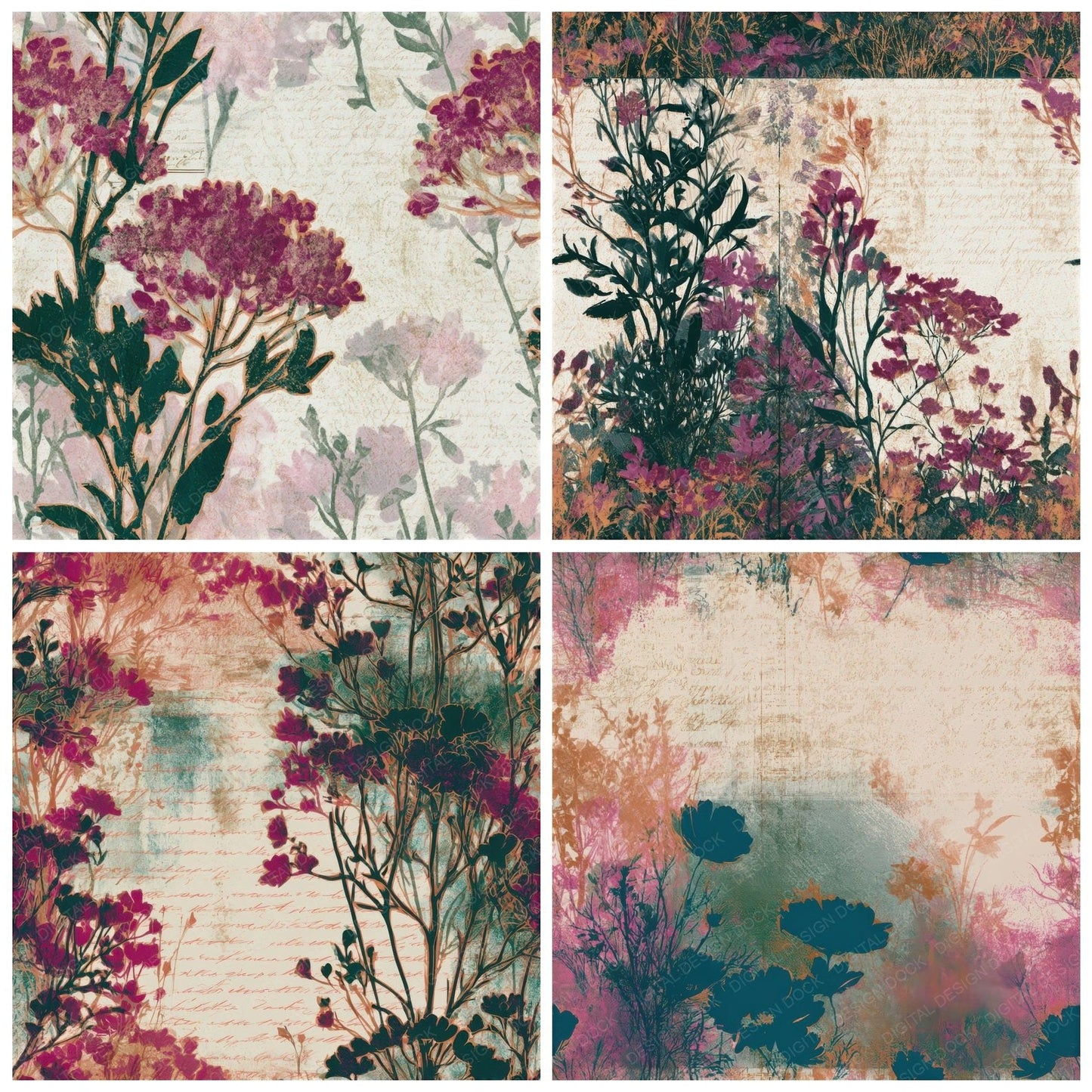 Minimal Meadow Flowers Magenta Cream Seamless Digital Paper Pack (DDD013267)