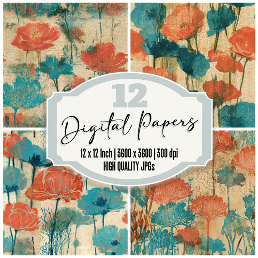 Monoprint Meadow Flowers Coral Turquoise Seamless Digital Paper Pack (DDD013269)