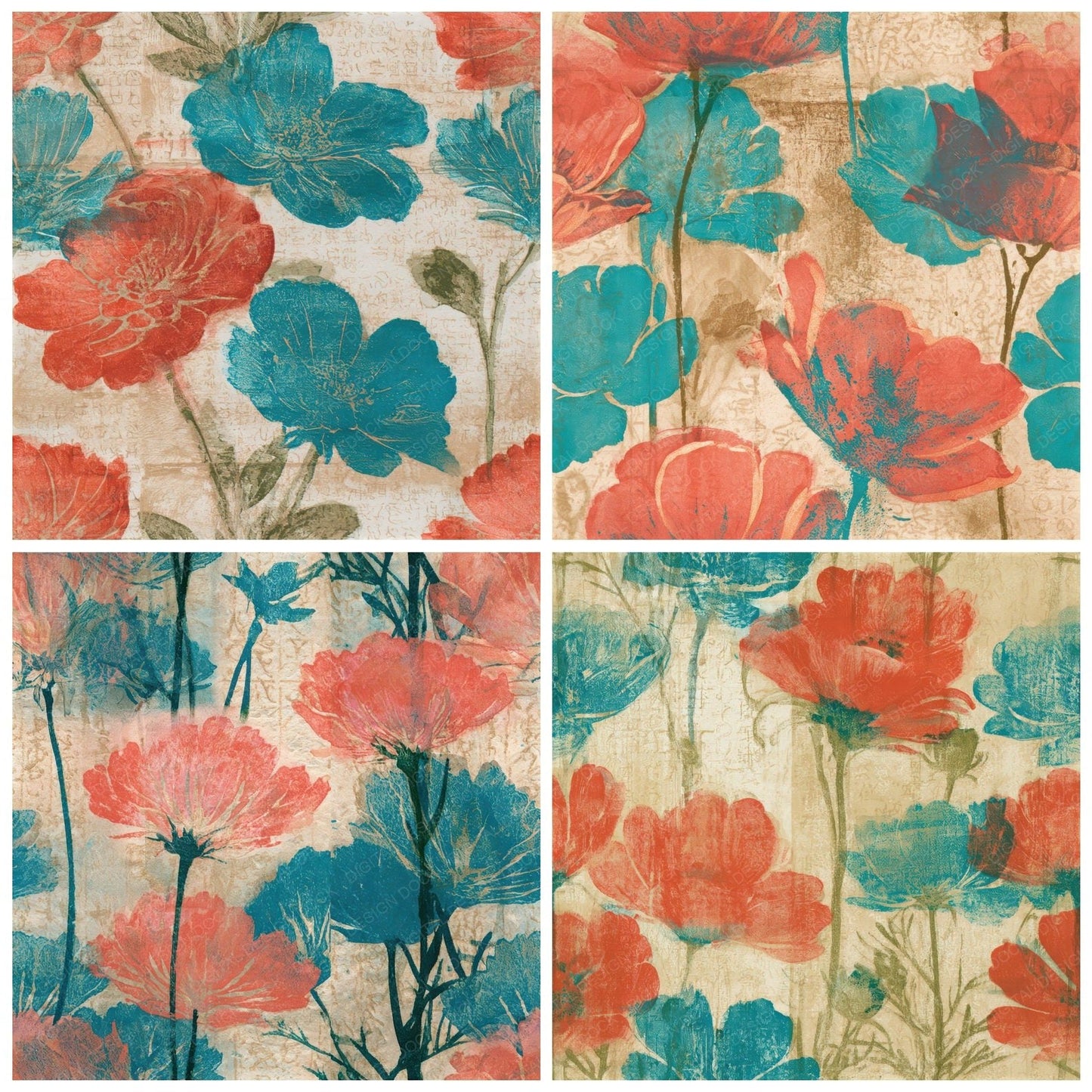 Monoprint Meadow Flowers Coral Turquoise Seamless Digital Paper Pack (DDD013269)