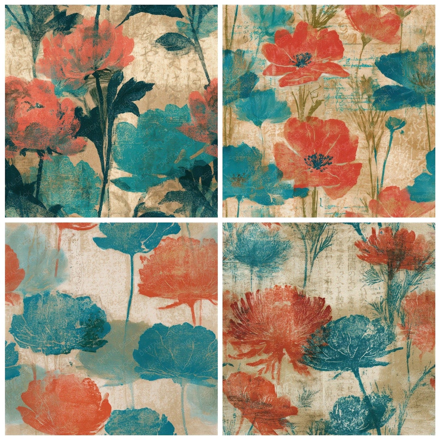 Monoprint Meadow Flowers Coral Turquoise Seamless Digital Paper Pack (DDD013269)