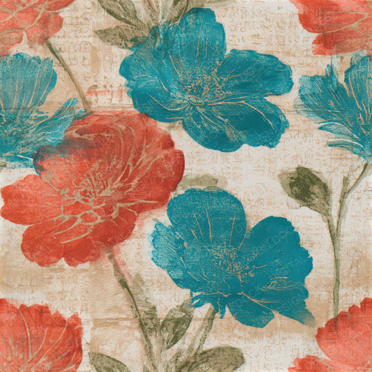 Monoprint Meadow Flowers Coral Turquoise Seamless Digital Paper Pack (DDD013269)