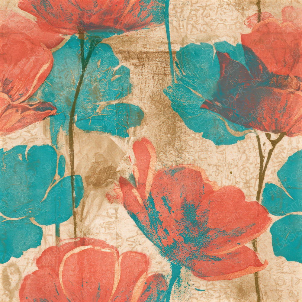 Monoprint Meadow Flowers Coral Turquoise Seamless Digital Paper Pack (DDD013269)