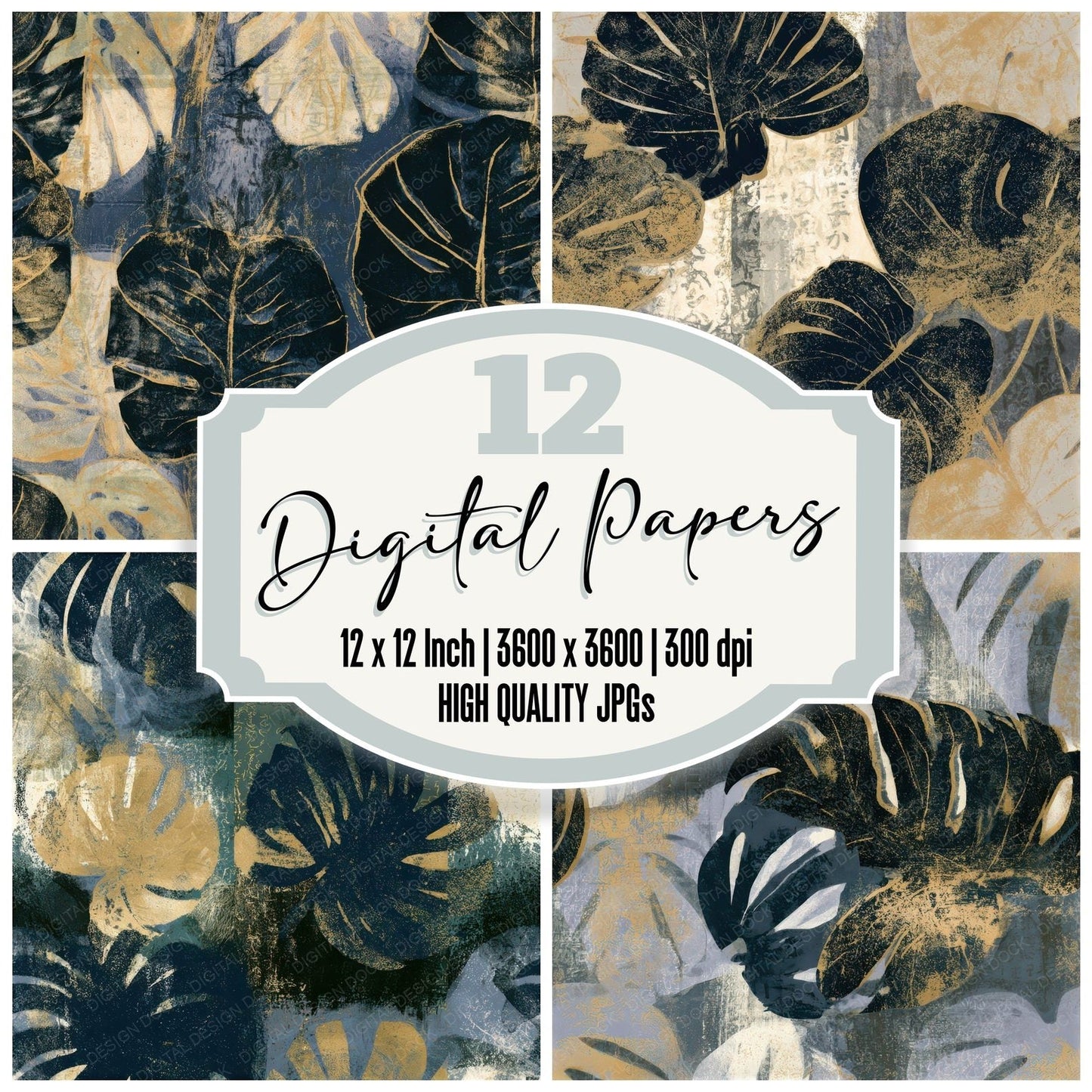 Monoprint Monstera Midnight Bone Seamless Digital Paper Pack (DDD013270)