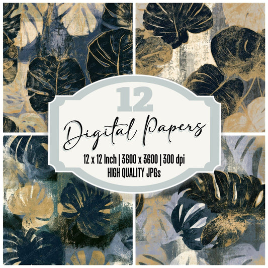 Monoprint Monstera Midnight Bone Seamless Digital Paper Pack (DDD013270)