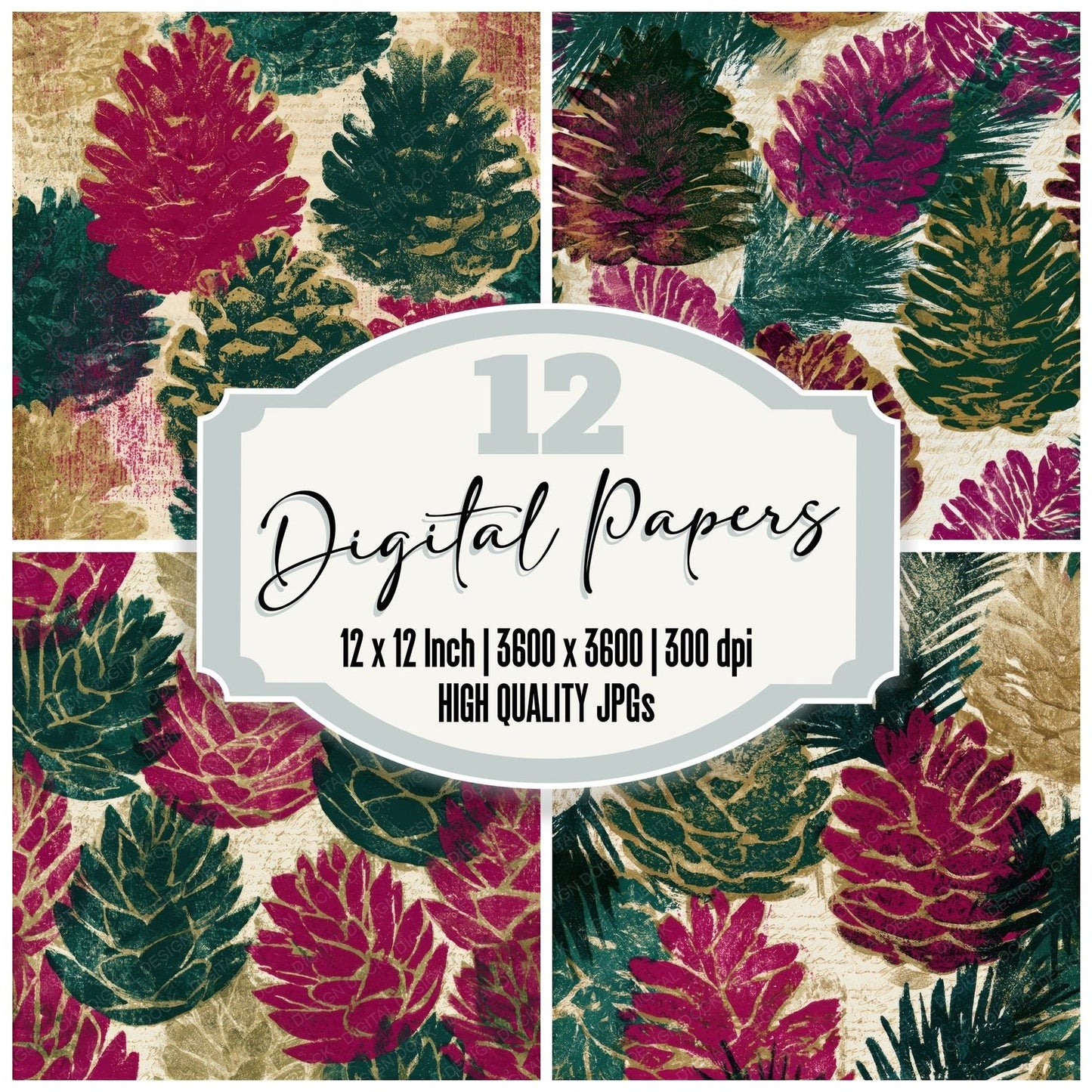 Monoprint Pine Cones Magenta Seamless Digital Paper Pack (DDD013271)