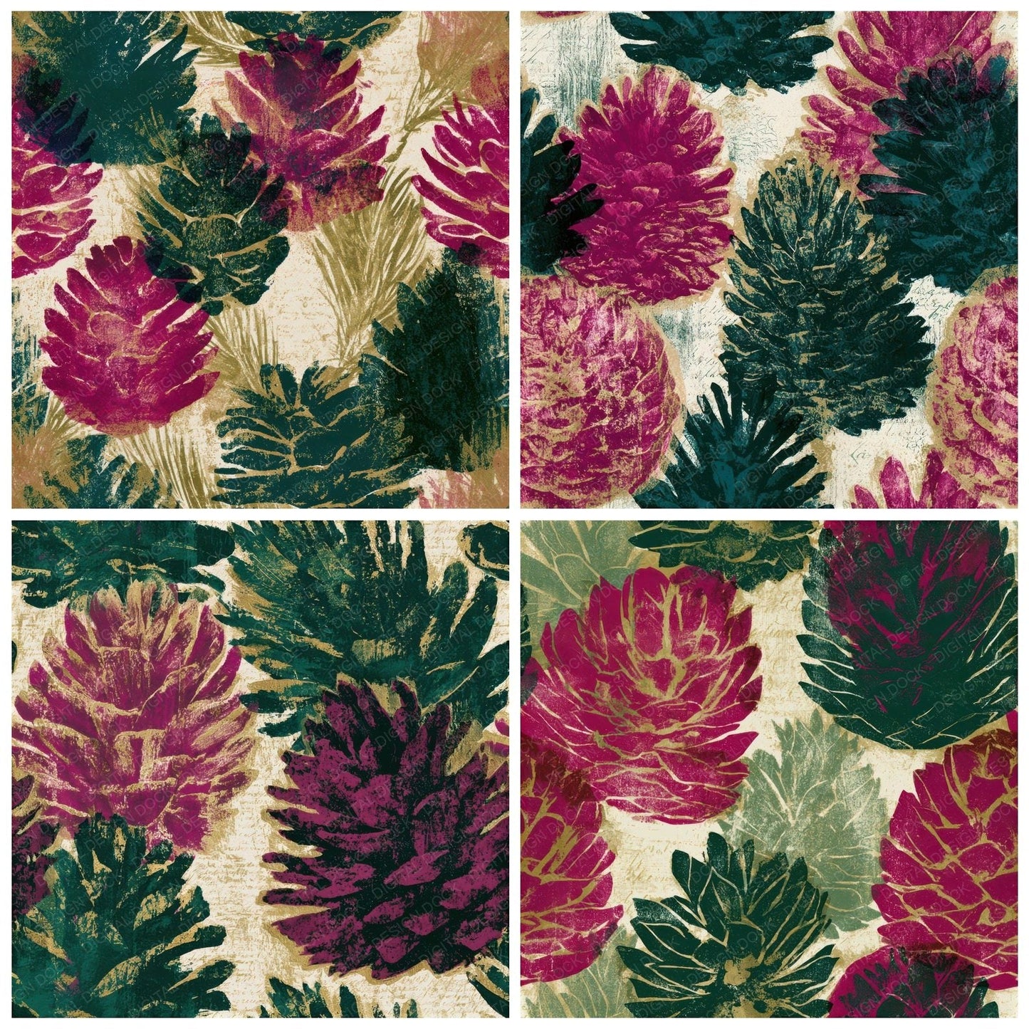 Monoprint Pine Cones Magenta Seamless Digital Paper Pack (DDD013271)