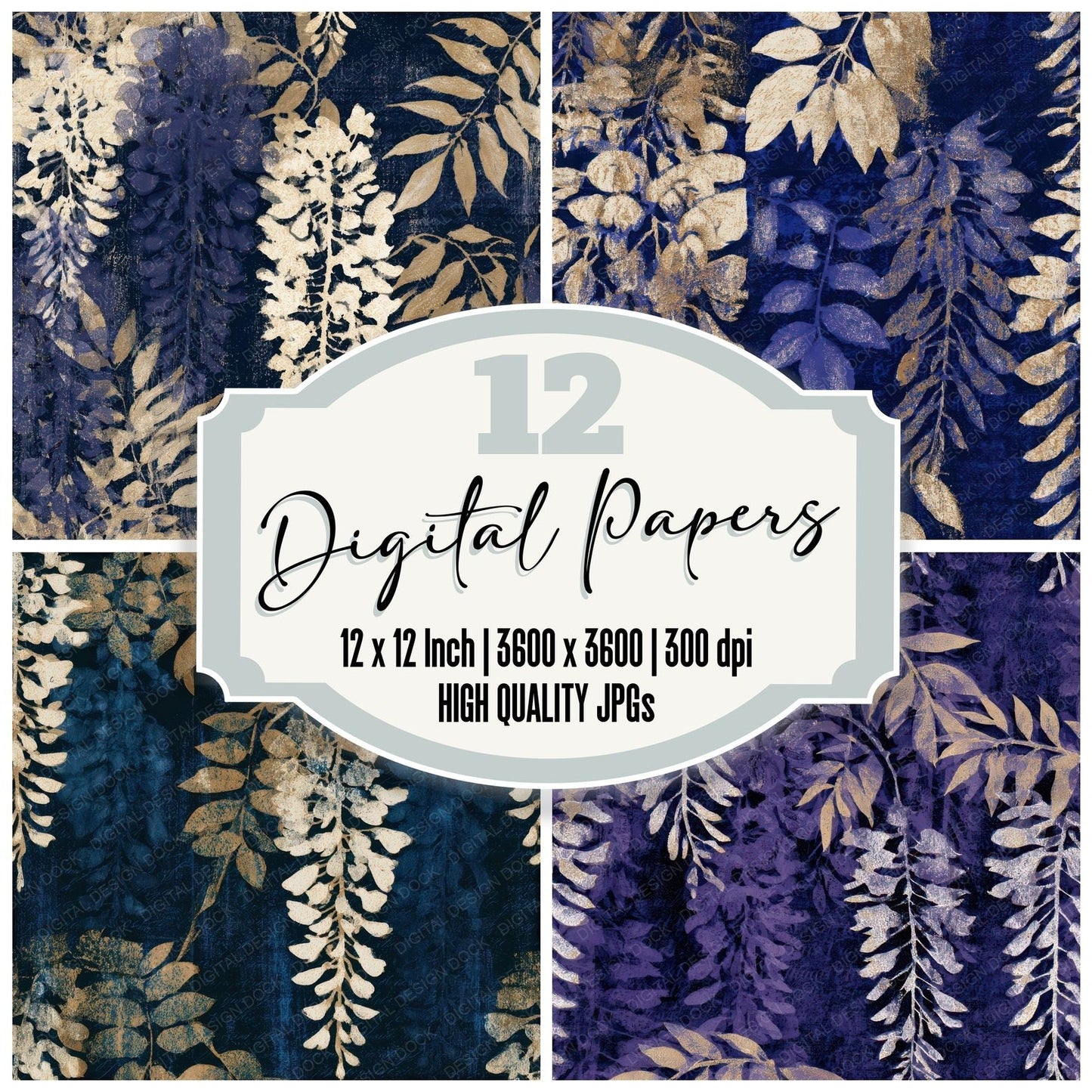 Monoprint Wisteria Midnight Bone Seamless Digital Paper Pack (DDD013272)