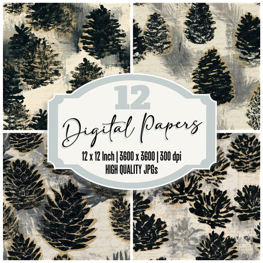 Screenprint Pine Cones Bone Seamless Digital Paper Pack (DDD013273)