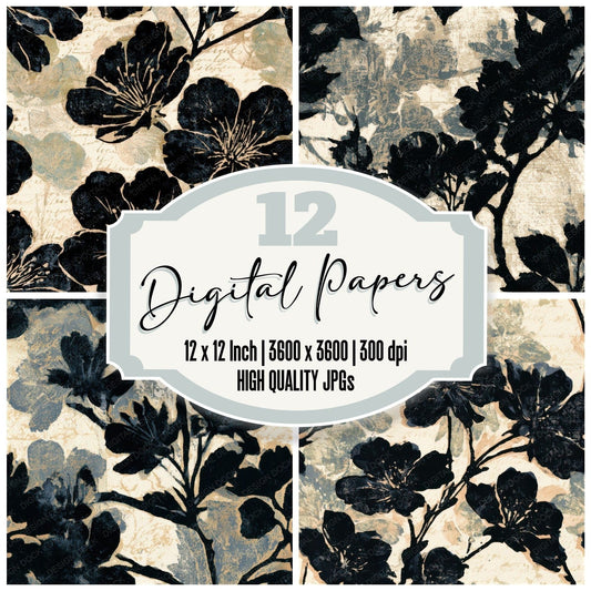 Woodblock Cherry Blossoms Cream Seamless Digital Paper Pack (DDD013274)