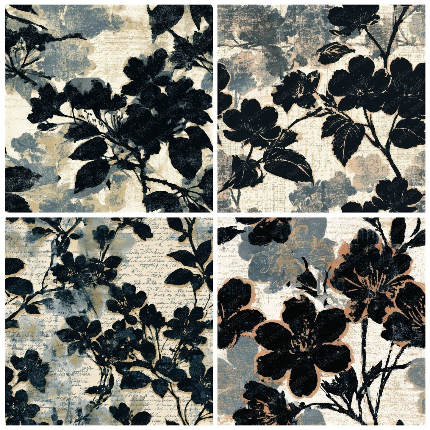 Woodblock Cherry Blossoms Cream Seamless Digital Paper Pack (DDD013274)