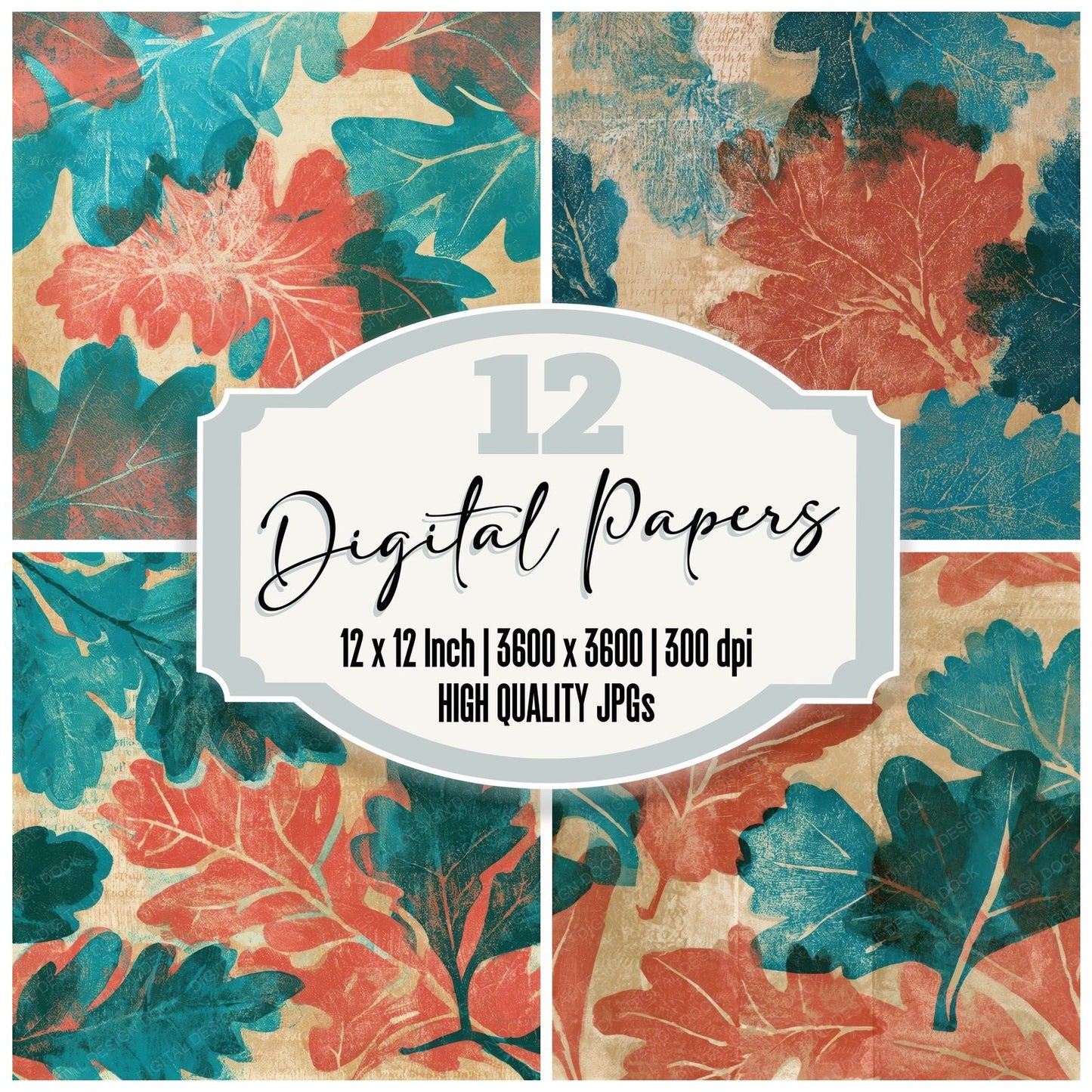 Woodblock Oak Leaves Coral Turquoise Seamless Digital Paper Pack (DDD013275)