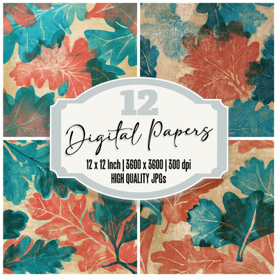 Woodblock Oak Leaves Coral Turquoise Seamless Digital Paper Pack (DDD013275)